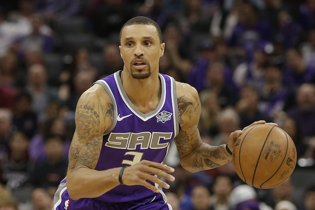 Sacramento Kings guard George Hill drives during the second half of an NBA basketball game against the Dallas Mavericks, Saturday, Feb. 3, 2018, in Sacramento, Calif. The Mavericks won 106-99. (AP Photo/Rich Pedroncelli)