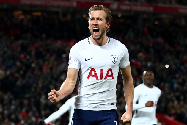 LIVERPOOL, ENGLAND - FEBRUARY 04:  Harry Kane of Tottenham Hotspur celebrates after scoring his sides second goal and his 100th Premier League goal during the Premier League match between Liverpool and Tottenham Hotspur at Anfield on February 4, 2018 in Liverpool, England.  (Photo by Clive Brunskill/Getty Images)