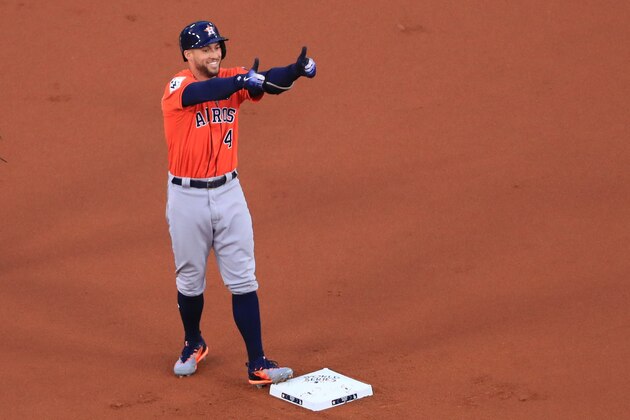 LOS ANGELES, CA - NOVEMBER 01:  George Springer #4 of the Houston Astros reacts after hitting a double during the first inning against the Los Angeles Dodgers in game seven of the 2017 World Series at Dodger Stadium on November 1, 2017 in Los Angeles, California.  (Photo by Sean M. Haffey/Getty Images)