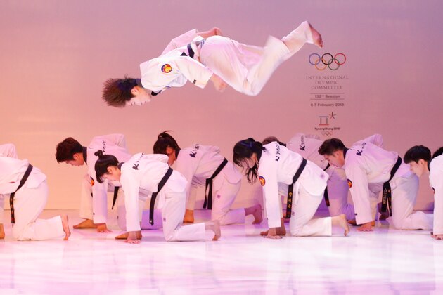 GANGNEUNG, SOUTH KOREA - FEBRUARY 05:  A taekwondo performer demonstrates a cultural performance during the opening ceremony of the 132nd IOC session ahead of the PyeongChang 2018 Winter Olympic Games on February 5, 2018 in Gangneung, South Korea.  (Photo by Andreas Rentz/Getty Images)