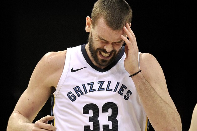 Memphis Grizzlies center Marc Gasol reacts during the second half of the team's NBA basketball game against the San Antonio Spurs on Wednesday, Jan. 24, 2018, in Memphis, Tenn. (AP Photo/Brandon Dill)
