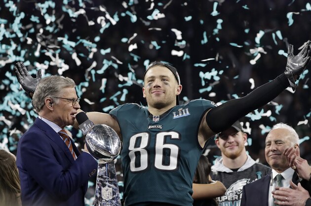 Philadelphia Eagles' Zach Ertz celebrates after the NFL Super Bowl 52 football game against the New England Patriots, Sunday, Feb. 4, 2018, in Minneapolis. The Eagles won 41-33. (AP Photo/Matt Slocum)