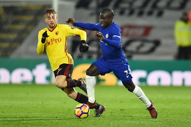 Watford's Spanish midfielder Gerard Deulofeu (L) vies with Chelsea's French midfielder N'Golo Kante during the English Premier League football match between Watford and Chelsea at Vicarage Road Stadium in Watford, north of London on February 5, 2018. / AFP PHOTO / Glyn KIRK / RESTRICTED TO EDITORIAL USE. No use with unauthorized audio, video, data, fixture lists, club/league logos or 'live' services. Online in-match use limited to 75 images, no video emulation. No use in betting, games or single club/league/player publications.  /         (Photo credit should read GLYN KIRK/AFP/Getty Images)