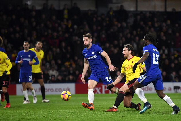 WATFORD, ENGLAND - FEBRUARY 05:  Daryl Janmaat of Watford scores the 2nd Watford goal during the Premier League match between Watford and Chelsea at Vicarage Road on February 5, 2018 in Watford, England.  (Photo by Michael Regan/Getty Images)