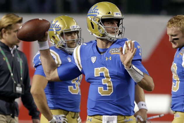 UCLA quarterback Josh Rosen warms up before an NCAA college football bowl game against Kansas State, Tuesday, Dec. 26, 2017, in Phoenix. (AP Photo/Rick Scuteri)