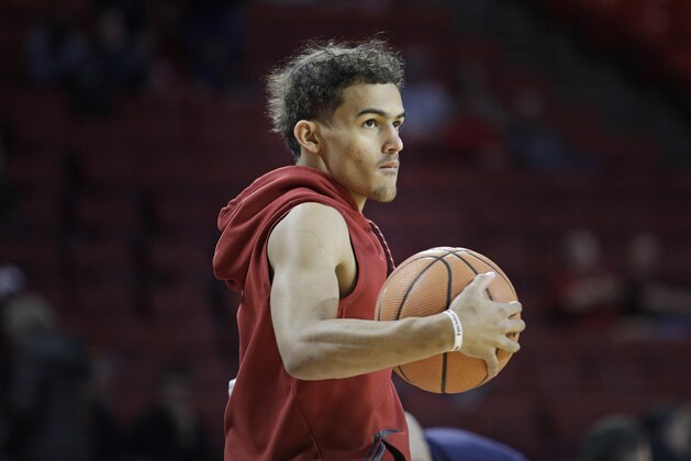 NORMAN, OK - FEBRUARY 05: Trae Young #11 of the Oklahoma Sooners warms up before the game against the West Virginia Mountaineers at Lloyd Noble Center on February 5, 2018 in Norman, Oklahoma. (Photo by Brett Deering/Getty Images)