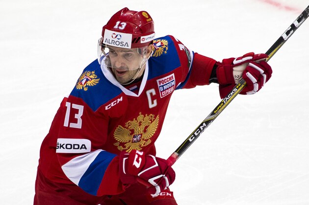 Russian forward Pavel Datsyuk is in action during the exhibition ice hockey game between Russia and Belarus in Moscow, Russia, Tuesday, Jan. 30, 2018. Pavel Datsyuk will serve as team captain for the