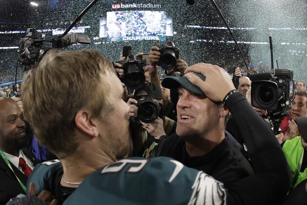 Philadelphia Eagles' Nick Foles, left, celebrates with head coach Doug Pederson after the NFL Super Bowl 52 football game against the New England Patriots, Sunday, Feb. 4, 2018, in Minneapolis. The Eagles won 41-33. (AP Photo/Matt Slocum)
