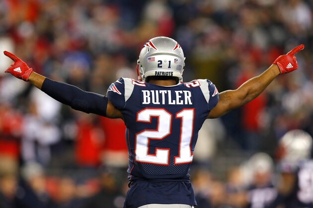 FOXBOROUGH, MA - JANUARY 21: Malcolm Butler #21 of the New England Patriots reacts in the fourth quarter during the AFC Championship Game against the Jacksonville Jaguars at Gillette Stadium on January 21, 2018 in Foxborough, Massachusetts.  (Photo by Kevin C. Cox/Getty Images)