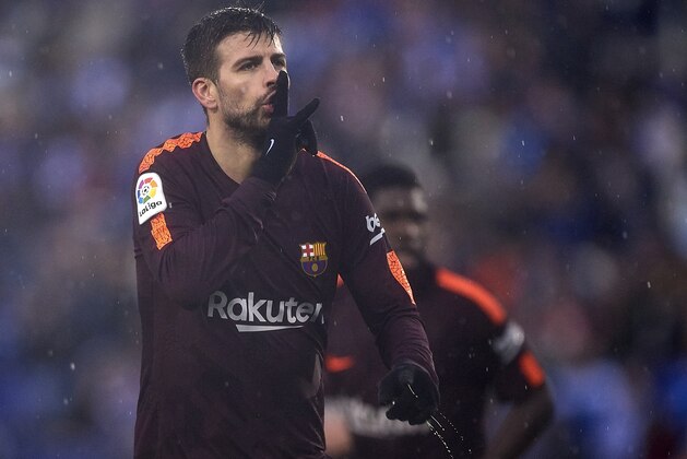 BARCELONA, SPAIN - FEBRUARY 04:  Gerard Pique of Barcelona celebrates after scoring a goal during the La Liga match between Espanyol and Barcelona at Nuevo Estadio de Cornella-El Prat on February 4, 2018 in Barcelona, Spain.  (Photo by Quality Sport Images/Getty Images)