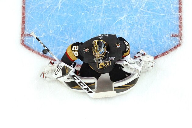 TAMPA, FL - JANUARY 27:  Overhead view of Marc-Andre Fleury #29 of the Vegas Golden Knights during the GEICO NHL Save Streak during the 2018 GEICO NHL All-Star Skills Competition at Amalie Arena on January 27, 2018 in Tampa, Florida.  (Photo by Mike Carlson/Getty Images)