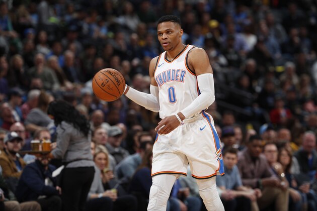 Oklahoma City Thunder guard Russell Westbrook (0) in the first half of an NBA basketball game Thursday, Feb. 1, 2018. (AP Photo/David Zalubowski)