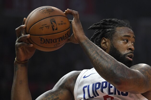Los Angeles Clippers center DeAndre Jordan grabs a rebound during the first half of a basketball game against the Atlanta Hawks, Monday, Jan. 8, 2018, in Los Angeles. (AP Photo/Mark J. Terrill)