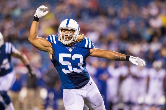 ORCHARD PARK, NY - AUGUST 13:  Edwin Jackson #53 of the Indianapolis Colts attempts to break up a pass during the game against the Buffalo Bills on August 13, 2016 at Ralph Wilson Stadium in Orchard Park, New York.  Indianapolis defeats Buffalo 19-18.  (Photo by Brett Carlsen/Getty Images)