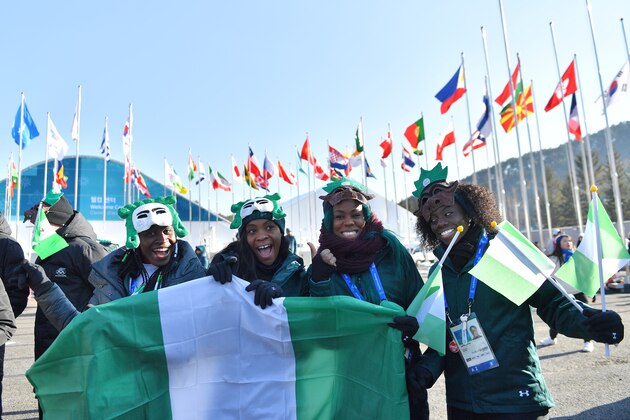 Nigeria's athletes take part in a welcome ceremony a few days before the Pyeongchang 2018 Winter Olympic Games, at the Olympic Village in Pyeongchang on February 6, 2018. / AFP PHOTO / LOIC VENANCE        (Photo credit should read LOIC VENANCE/AFP/Getty Images)