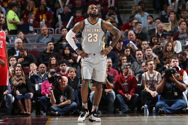 CLEVELAND, OH - FEBRUARY 3: LeBron James #23 of the Cleveland Cavaliers looks on during the game against the Houston Rockets on February 3, 2018 at Quicken Loans Arena in Cleveland, Ohio. NOTE TO USER: User expressly acknowledges and agrees that, by downloading and/or using this photograph, user is consenting to the terms and conditions of the Getty Images License Agreement. Mandatory Copyright Notice: Copyright 2018 NBAE (Photo by Joe Murphy/NBAE via Getty Images) CLEVELAND, OH - FEBRUARY 3: LeBron James #23 of the Cleveland Cavaliers looks on during the game against the Houston Rockets on February 3, 2018 at Quicken Loans Arena in Cleveland, Ohio. NOTE TO USER: User expressly acknowledges and agrees that, by downloading and/or using this photograph, user is consenting to the terms and conditions of the Getty Images License Agreement. Mandatory Copyright Notice: Copyright 2018 NBAE (Photo by Joe Murphy/NBAE via Getty Images)