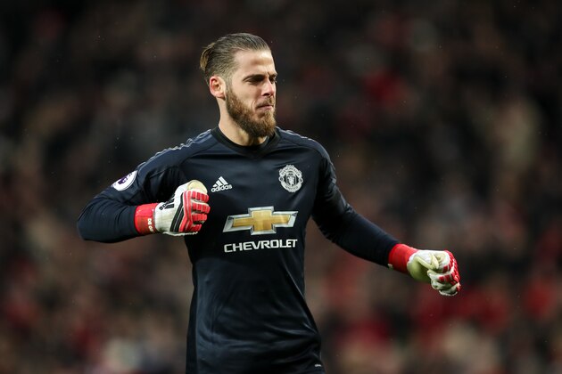 MANCHESTER, ENGLAND - FEBRUARY 03: David de Gea of Manchester United celebrates during the Premier League match between Manchester United and Huddersfield Town at Old Trafford on February 3, 2018 in Manchester, England. (Photo by Robbie Jay Barratt - AMA/Getty Images)