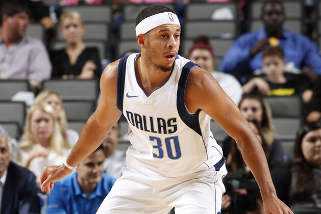 DALLAS, TX - OCTOBER 4:  Seth Curry #30 of the Dallas Mavericks looks on during the game against the Chicago Bulls on October 4, 2017 at the American Airlines Center in Dallas, Texas. NOTE TO USER: User expressly acknowledges and agrees that, by downloading and or using this photograph, User is consenting to the terms and conditions of the Getty Images License Agreement. Mandatory Copyright Notice: Copyright 2017 NBAE (Photo by Glenn James/NBAE via Getty Images)