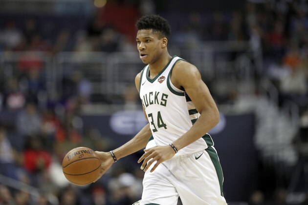 Milwaukee Bucks forward Giannis Antetokounmpo (34), from Greece, drives with the ball during the first half of an NBA basketball game against the Washington Wizards, Saturday, Jan. 6, 2018, in Washington. (AP Photo/Alex Brandon)