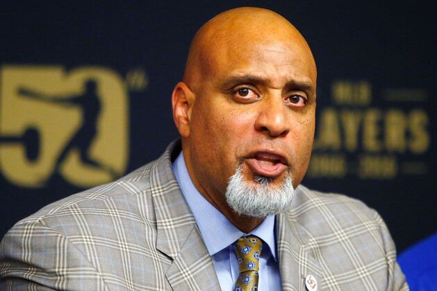 NEW YORK, NY - JUNE 16:  MLBPA Executive Director Tony Clark speaks during a press conference on youth initiatives hosted by Major League Baseball and the Major League Baseball Players Association at Citi Field before a game between the New York Mets and the Pittsburgh Pirates on June 16, 2016 in the Queens borough of New York City. The Mets defeated the Pirates 6-4.  (Photo by Jim McIsaac/Getty Images)
