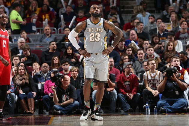 CLEVELAND, OH - FEBRUARY 3:  LeBron James #23 of the Cleveland Cavaliers looks on during the game against the Houston Rockets on February 3, 2018 at Quicken Loans Arena in Cleveland, Ohio. NOTE TO USER: User expressly acknowledges and agrees that, by downloading and/or using this photograph, user is consenting to the terms and conditions of the Getty Images License Agreement. Mandatory Copyright Notice: Copyright 2018 NBAE (Photo by Joe Murphy/NBAE via Getty Images)