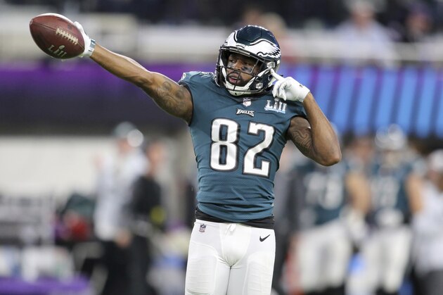 Philadelphia Eagles receiver Torrey Smith #82 celebrates a first down against the New England Patriots at Super Bowl 52 on Sunday, February 4, 2018 in Minneapolis. Philadelphia won the game 41-33.(AP Photo/Gregory Payan)