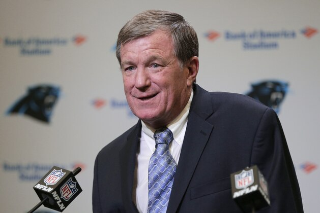 Carolina Panthers interim general manager Marty Hurney speaks to the media during a news conference in Charlotte, N.C., Wednesday, July 19, 2017. The Panthers rehired Marty Hurney as their interim general manager two days after owner Jerry Richardson surprisingly fired Dave Gettleman.(AP Photo/Chuck Burton)