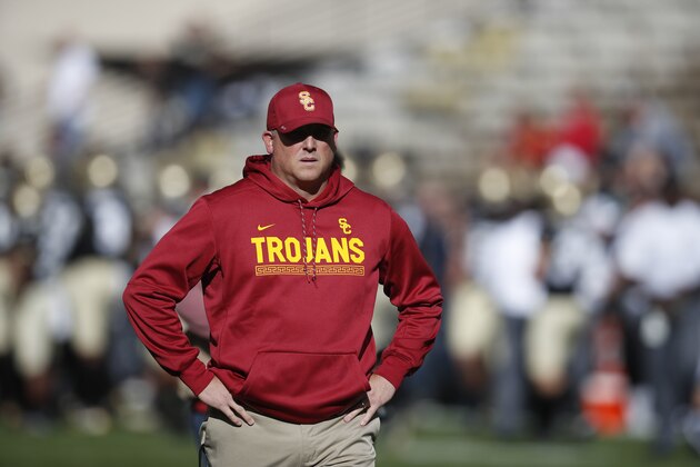 USC Trojans head coach Clay Helton in the first half of an NCAA college football game Saturday, Nov. 11, 2017, in Boulder, Colo. (AP Photo/David Zalubowski)