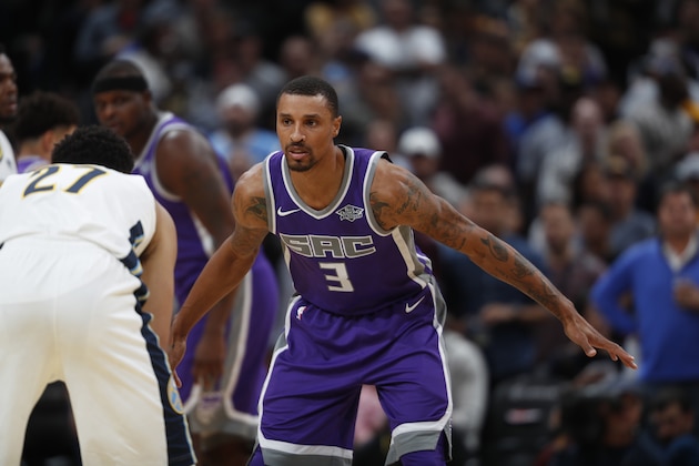 Sacramento Kings guard George Hill (3) in the first half of an NBA basketball game Saturday, Oct. 21, 2017, in Denver. (AP Photo/David Zalubowski)