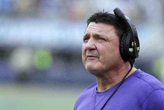 LSU head coach Ed Orgeron walks the sidelines during the first half of the Citrus Bowl NCAA college football game against Notre Dame, Monday, Jan. 1, 2018, in Orlando, Fla. (AP Photo/John Raoux)