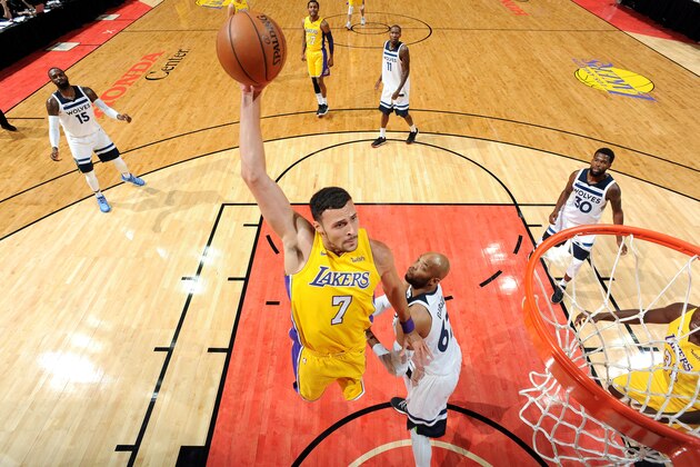 ANAHEIM, CA - SEPTEMBER 30: Larry Nance Jr. #7 of the Los Angeles Lakers dunks the ball during the game against the Minnesota Timberwolves during the preseason game on September 30, 2017 at Honda Center in Anaheim, California. NOTE TO USER: User expressly acknowledges and agrees that, by downloading and/or using this Photograph, user is consenting to the terms and conditions of the Getty Images License Agreement. Mandatory Copyright Notice: Copyright 2017 NBAE (Photo by Andrew D. Bernstein/NBAE via Getty Images)