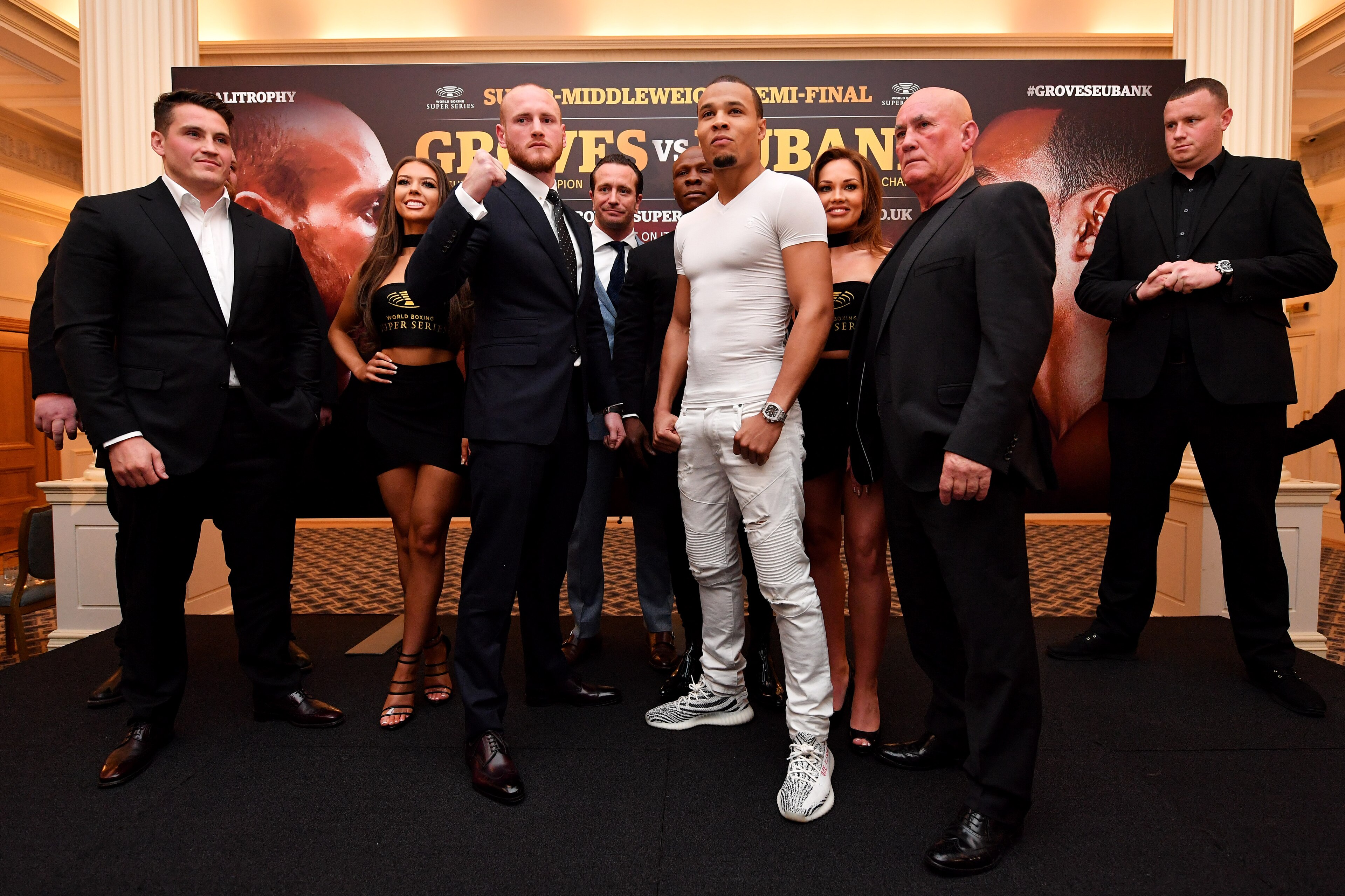 LONDON, ENGLAND - NOVEMBER 28:  George Groves (L) and Chris Eubank Jnr (R) square up during a George Groves and Chris Eubank Jr. Press Conference at the Savoy Hotel on November 28, 2017 in London, England. (Photo by Justin Setterfield/Getty Images)