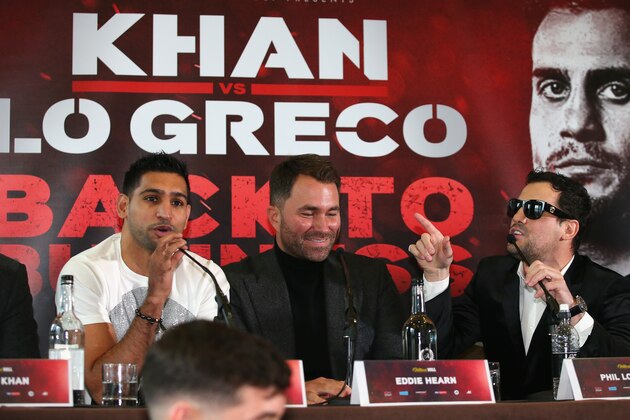 LIVERPOOL, ENGLAND - JANUARY 30:  Phil Lo Greco gestures towards Amir Khan during an Amir Khan and Phil Lo Greco press conference at the Hilton Hotel on January 30, 2018 in Liverpool, England.  (Photo by Alex Livesey/Getty Images)