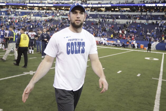 Indianapolis Colts quarterback Andrew Luck walks off the field following an NFL football game against the Houston Texans, Sunday, Dec. 31, 2017, in Indianapolis. Indianapolis won 22-13. (AP Photo/Michael Conroy)