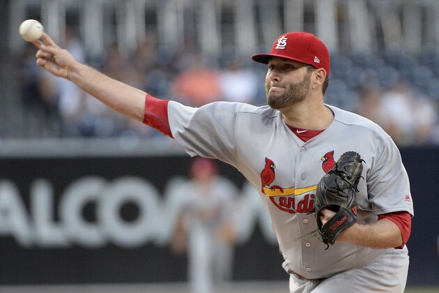 St. Louis Cardinals starter Lance Lynn throws a pitch to a San Diego Padres batter during the first inning of a baseball game Thursday, Sept. 7, 2017, in San Diego. (AP Photo/Orlando Ramirez)