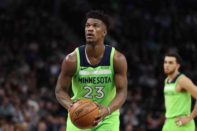MINNEAPOLIS, MN - FEBRUARY 3:  Jimmy Butler #23 of the Minnesota Timberwolves handles the ball against the New Orleans Pelicans on February 3, 2018 at Target Center in Minneapolis, Minnesota. NOTE TO USER: User expressly acknowledges and agrees that, by downloading and or using this Photograph, user is consenting to the terms and conditions of the Getty Images License Agreement. Mandatory Copyright Notice: Copyright 2018 NBAE (Photo by Jordan Johnson/NBAE via Getty Images)