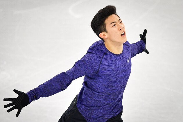 US skater Nathan Chen practices at Gangneung Ice Arena ahead of the team event for the men figure skating before the Pyeongchang 2018 Winter Olympic Games on February 7, 2018. / AFP PHOTO / Mladen ANTONOV        (Photo credit should read MLADEN ANTONOV/AFP/Getty Images)