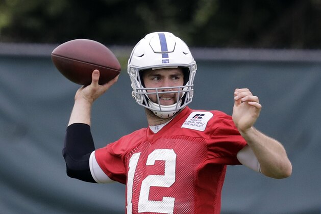 FILE - In this Oct. 6, 2017, file photo, Indianapolis Colts quarterback Andrew Luck throws during NFL football practice in Indianapolis. Luck’s workload is picking up at practice this week. That’s the good news for the Colts. Though Luck will miss his sixth straight game Monday night against the Tennessee Titans, the Colts still find themselves in the AFC South title mix. (AP Photo/Darron Cummings, File)