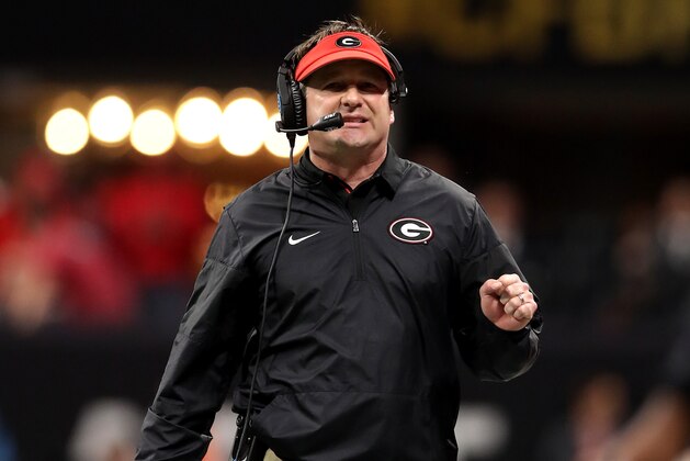 ATLANTA, GA - JANUARY 08:  Head coach Kirby Smart of the Georgia Bulldogs reacts to a play during the second quarter against the Alabama Crimson Tide in the CFP National Championship presented by AT&T at Mercedes-Benz Stadium on January 8, 2018 in Atlanta, Georgia.  (Photo by Christian Petersen/Getty Images)