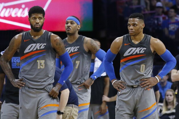 Oklahoma City Thunder forward Paul George (13), forward Carmelo Anthony and guard Russell Westbrook (0) are pictured in the second half of an NBA basketball game against the New Orleans Pelicans in Oklahoma City, Friday, Feb. 2, 2018. (AP Photo/Sue Ogrocki)