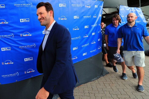 FORT WORTH, TX - MAY 27:  Former Dallas Cowboys quarterback and on-air talent Tony Romo exits the broadcast booth during Round three of the DEAN & DELUCA Invitational at Colonial Country Club on May 27, 2017 in Fort Worth, Texas.  (Photo by Tom Pennington/Getty Images)