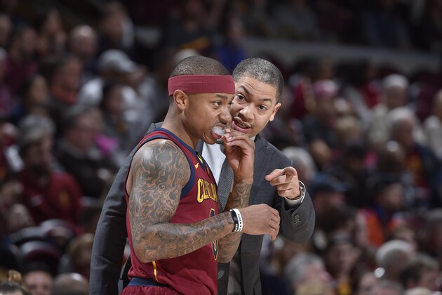 CLEVELAND, OH - JANUARY 28:  Isaiah Thomas #3 of the Cleveland Cavaliers is coached by Head Coach Tyronn Lue of the Cleveland Cavaliers during the game against the Detroit Pistons on January 28, 2018 at Quicken Loans Arena in Cleveland, Ohio.  NOTE TO USER: User expressly acknowledges and agrees that, by downloading and or using this Photograph, user is consenting to the terms and conditions of the Getty Images License Agreement. Mandatory Copyright Notice: Copyright 2018 NBAE (Photo by David Liam Kyle/NBAE via Getty Images)