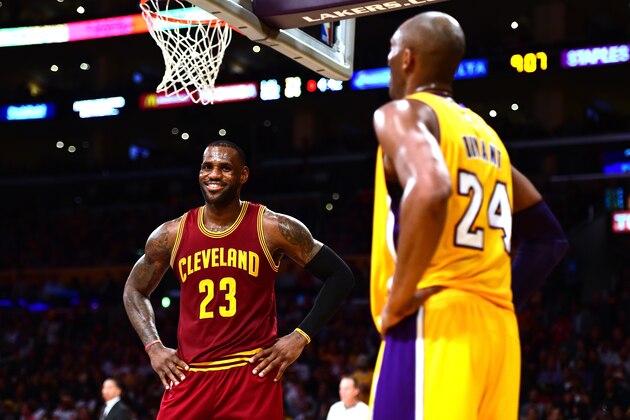 LOS ANGELES, CA - MARCH 10:  LeBron James #23 of the Cleveland Cavaliers jokes with Kobe Bryant #24 of the Los Angeles Lakers during a 120-108 Cavaliers win at Staples Center on March 10, 2016 in Los Angeles, California.  NOTE TO USER: User expressly acknowledges and agrees that, by downloading and or using this Photograph, user is consenting to the terms and condition of the Getty Images License Agreement.  (Photo by Harry How/Getty Images)