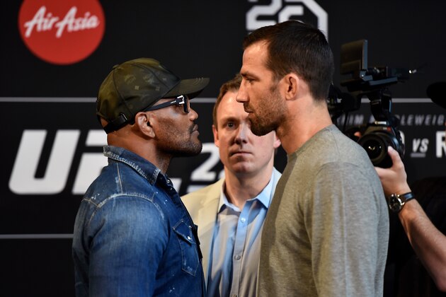 PERTH, AUSTRALIA - FEBRUARY 07:  (L-R) Yoel Romero of Cuba and Luke Rockhold face off during the UFC 221 Press Conference at Perth Arena on February 7, 2018 in Perth, Australia. (Photo by Jeff Bottari/Zuffa LLC/Zuffa LLC via Getty Images)