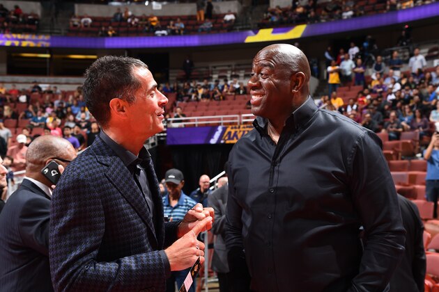 ANAHEIM, CA - SEPTEMBER 30: Magic Johnson talks with Rob Pelinka before the game between the Los Angeles Lakers and the Minnesota Timberwolves during the preseason game on September 30, 2017 at Honda Center in Anaheim, California. NOTE TO USER: User expressly acknowledges and agrees that, by downloading and/or using this Photograph, user is consenting to the terms and conditions of the Getty Images License Agreement. Mandatory Copyright Notice: Copyright 2017 NBAE (Photo by Andrew D. Bernstein/NBAE via Getty Images)