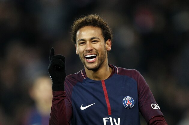 PSG's Neymar smiles during his French League One soccer match between Paris Saint Germain and Montpellier at the Parc des Princes stadium in Paris, Saturday, Jan. 27, 2018. (AP Photo/Christophe Ena)