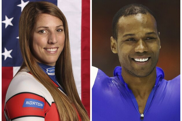 This combination of images shows United States' athletes Erin Hamlin, left, and Shani Davis. A tweet posted to the account of Davis is blasting the selection of luge athlete Hamlin as the U.S. flagbearer for the opening ceremony at the Pyeongchang Games. The tweet says the selection was made
