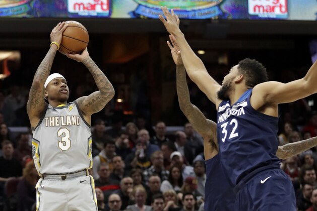 Cleveland Cavaliers' Isaiah Thomas (3) shoots against the Minnesota Timberwolves in the first half of an NBA basketball game, Wednesday, Feb. 7, 2018, in Cleveland. (AP Photo/Tony Dejak)