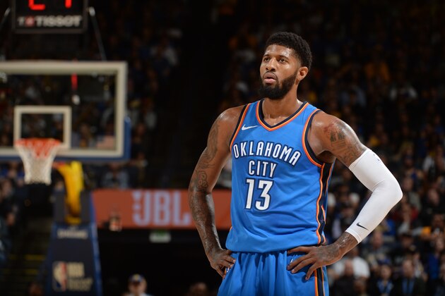 OAKLAND, CA - FEBRUARY 6:  Paul George #13 of the Oklahoma City Thunder looks on during the game against the Golden State Warriors on February 6, 2018 at ORACLE Arena in Oakland, California. NOTE TO USER: User expressly acknowledges and agrees that, by downloading and or using this photograph, user is consenting to the terms and conditions of Getty Images License Agreement. Mandatory Copyright Notice: Copyright 2018 NBAE (Photo by Noah Graham/NBAE via Getty Images)