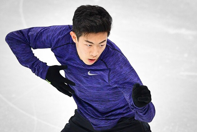 US skater Nathan Chen practices at Gangneung Ice Arena ahead of the team event for the men figure skating before the Pyeongchang 2018 Winter Olympic Games on February 7, 2018. / AFP PHOTO / Mladen ANTONOV        (Photo credit should read MLADEN ANTONOV/AFP/Getty Images)